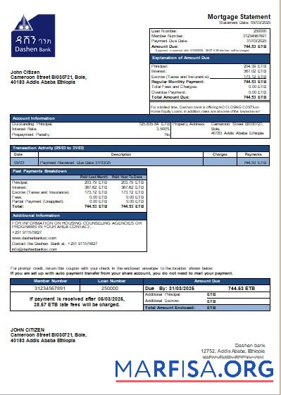 Blank Ethiopia Dashen bank mortgage statement scr download for verification